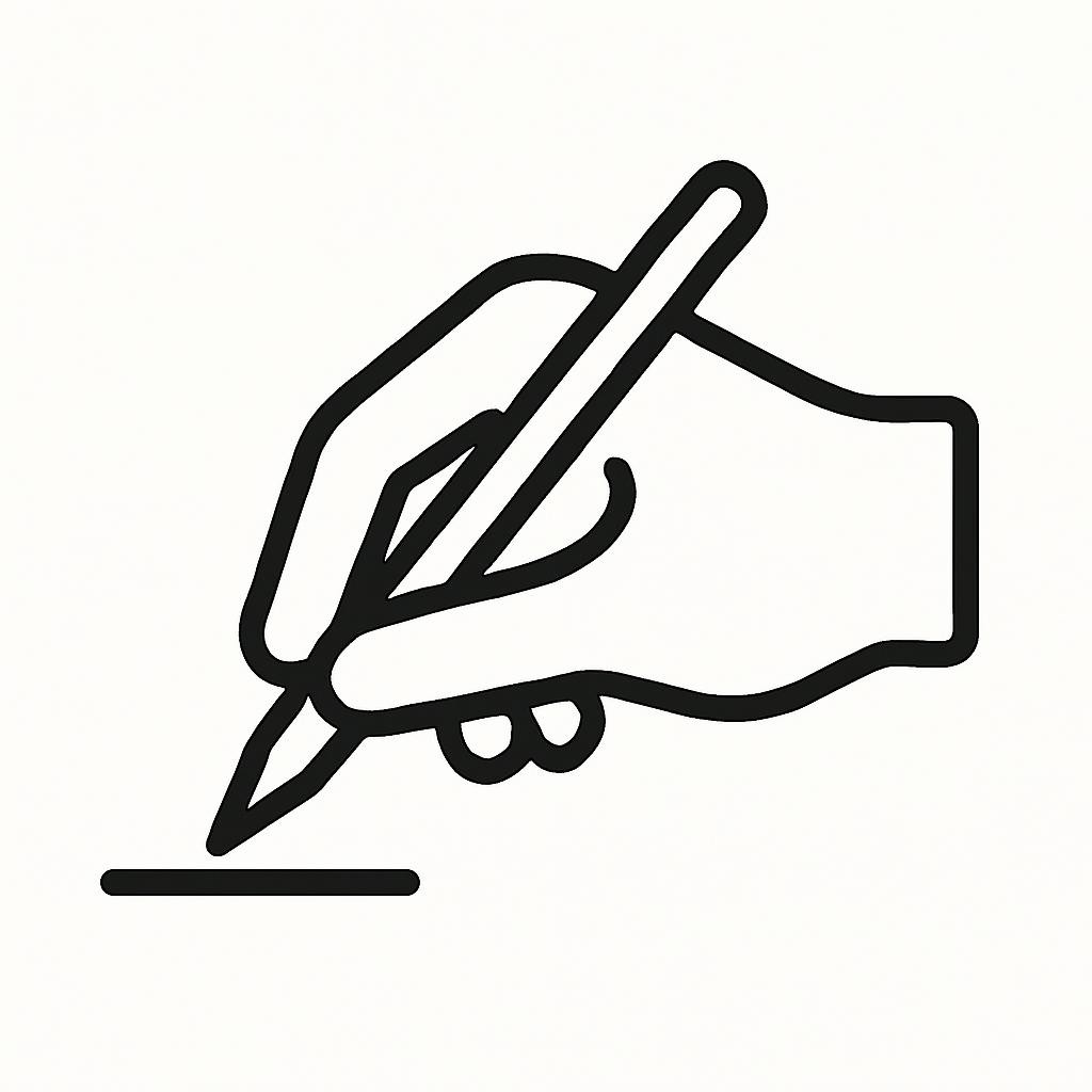 minimalist icon of a hand writing or drawing, line art, black and white