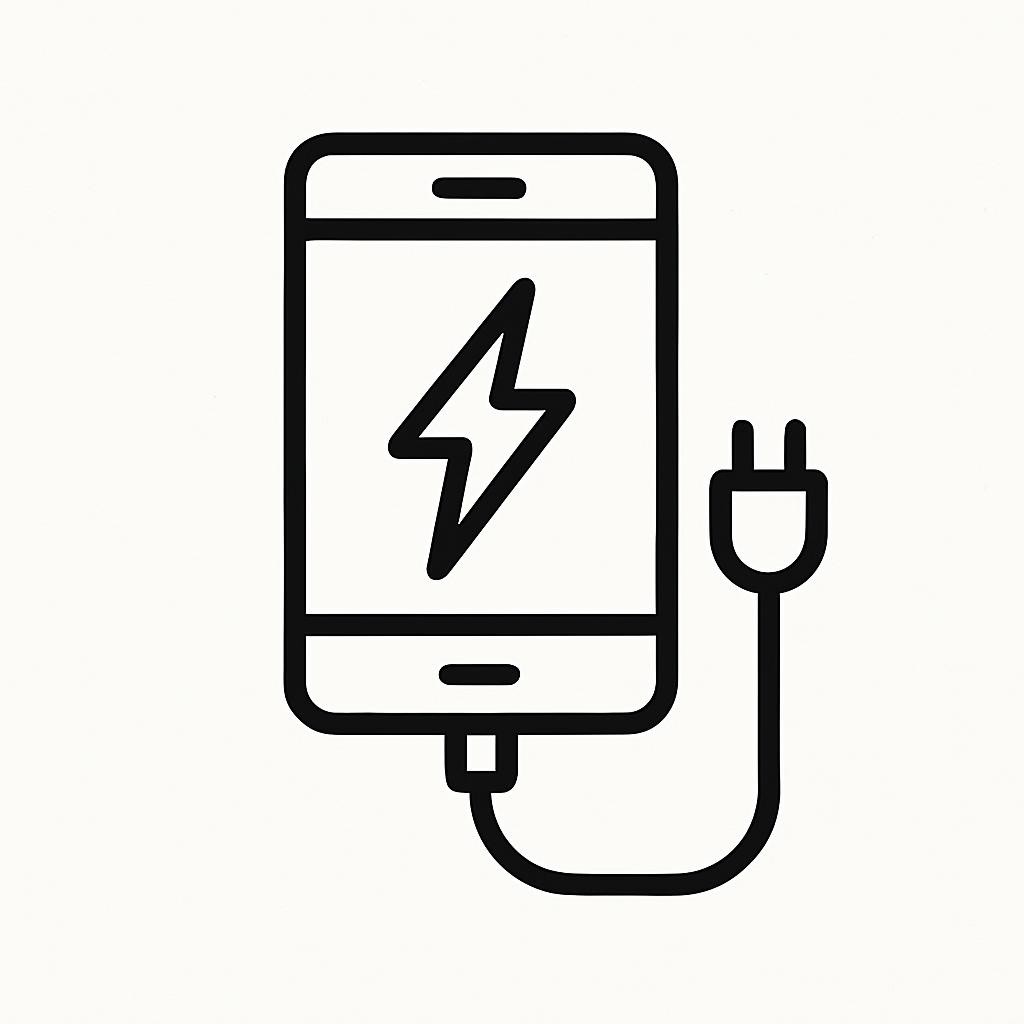 minimalist line art outline of a phone with cables and electricity, black and white, in a style matching simple icons used on this site