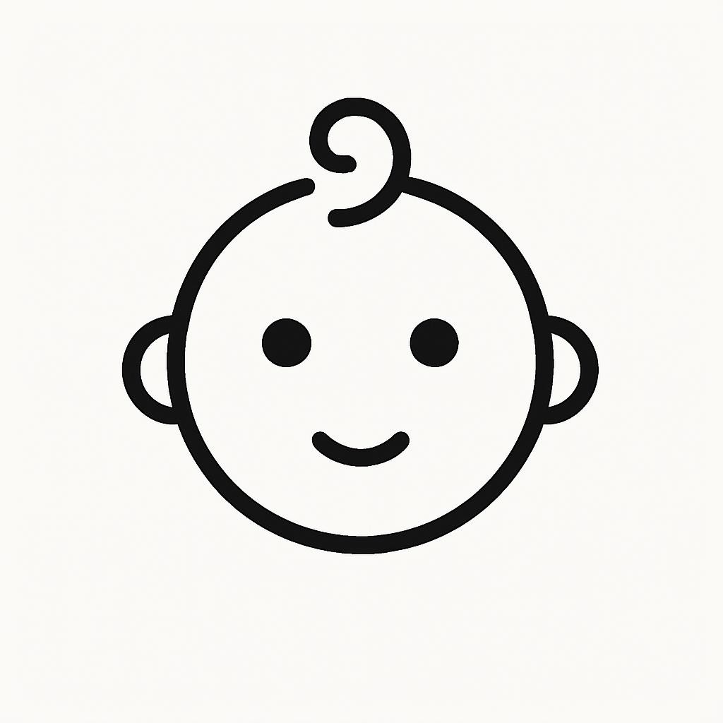 minimalistyczna ikona niemowlaka bez smoczka, czarno-biały line art, dopasowana stylem do innych ikon na stronie